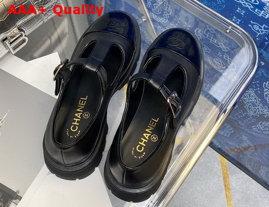 Chanel T Strap Shoes in Black Calfskin and Patent Leather Replica