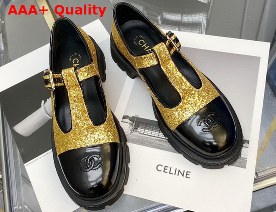 Chanel T Strap Shoes in Gold Glitter Fabric and Black Patent Leather Replica