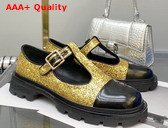 Chanel T Strap Shoes in Gold Glitter Fabric and Black Patent Leather Replica