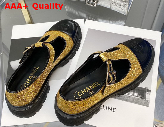 Chanel T Strap Shoes in Gold Glitter Fabric and Black Patent Leather Replica