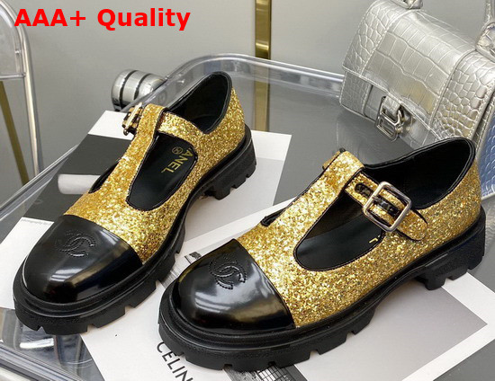 Chanel T Strap Shoes in Gold Glitter Fabric and Black Patent Leather Replica