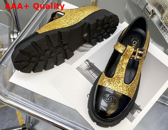 Chanel T Strap Shoes in Gold Glitter Fabric and Black Patent Leather Replica