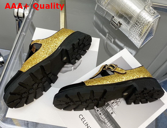 Chanel T Strap Shoes in Gold Glitter Fabric and Black Patent Leather Replica