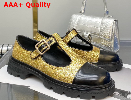 Chanel T Strap Shoes in Gold Glitter Fabric and Black Patent Leather Replica