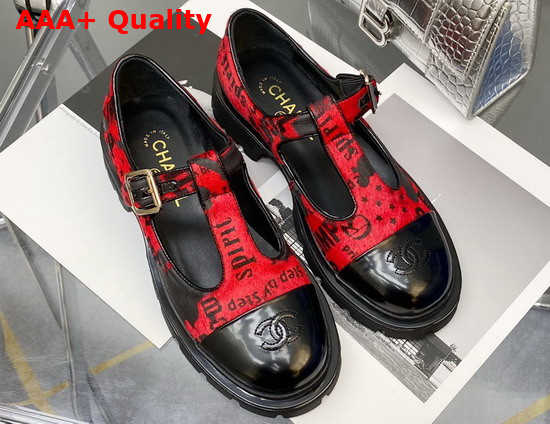 Chanel T Strap Shoes in Red Printed Hair Fur and Black Patent Leather Replica