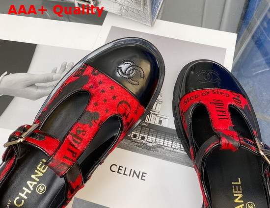 Chanel T Strap Shoes in Red Printed Hair Fur and Black Patent Leather Replica