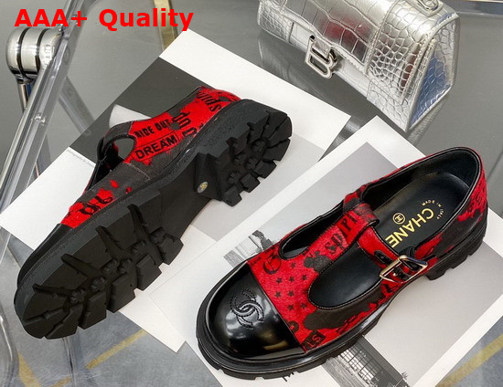 Chanel T Strap Shoes in Red Printed Hair Fur and Black Patent Leather Replica