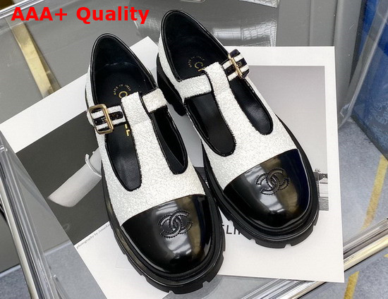 Chanel T Strap Shoes in White Tweed and Black Patent Leather Replica