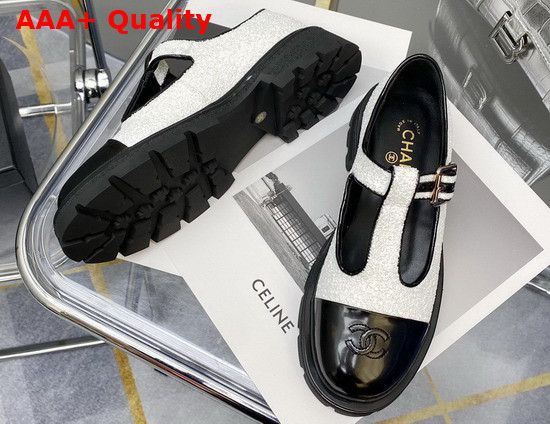 Chanel T Strap Shoes in White Tweed and Black Patent Leather Replica