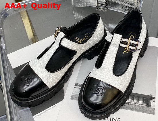 Chanel T Strap Shoes in White Tweed and Black Patent Leather Replica