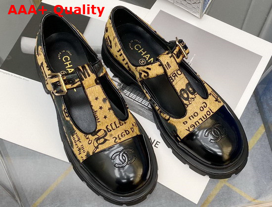 Chanel T Strap Shoes in Yellow Printed Hair Fur and Black Patent Leather Replica