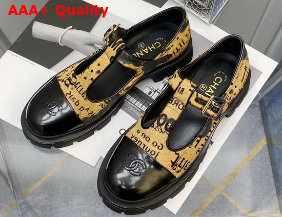 Chanel T Strap Shoes in Yellow Printed Hair Fur and Black Patent Leather Replica