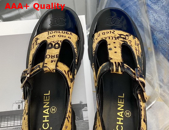 Chanel T Strap Shoes in Yellow Printed Hair Fur and Black Patent Leather Replica