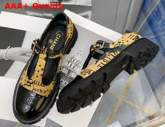 Chanel T Strap Shoes in Yellow Printed Hair Fur and Black Patent Leather Replica