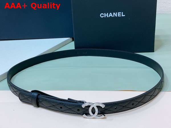 Chanel Thin Belt Black Quilted and Embroidered Lambskin Silver CC Belt Buckle Replica