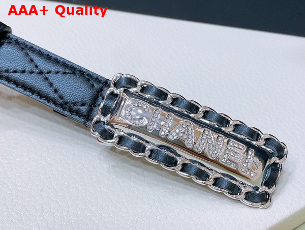 Chanel Thin Belt in Black Lambskin with Silver Rectangle Belt Buckle with Braided Leather Replica