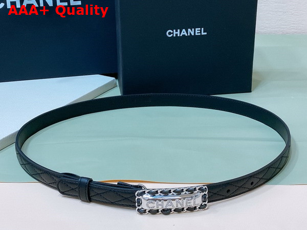 Chanel Thin Belt in Black Lambskin with Silver Rectangle Belt Buckle with Braided Leather Replica