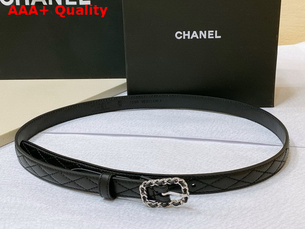 Chanel Thin Belt in Black Quilted Leather Square Belt Buckle with Braided Leather Details Replica