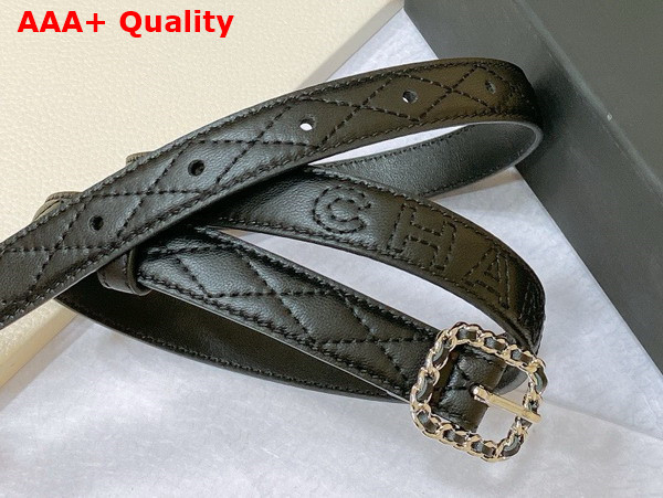 Chanel Thin Belt in Black Quilted Leather Square Belt Buckle with Braided Leather Details Replica