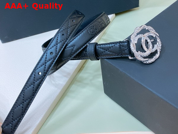 Chanel Thin Belt in Black Quilted Leather with Camellia Belt Buckle and Strass Replica