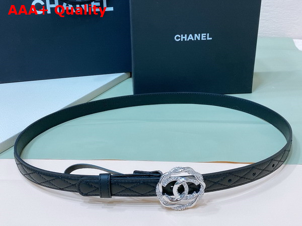 Chanel Thin Belt in Black Quilted Leather with Camellia Belt Buckle and Strass Replica