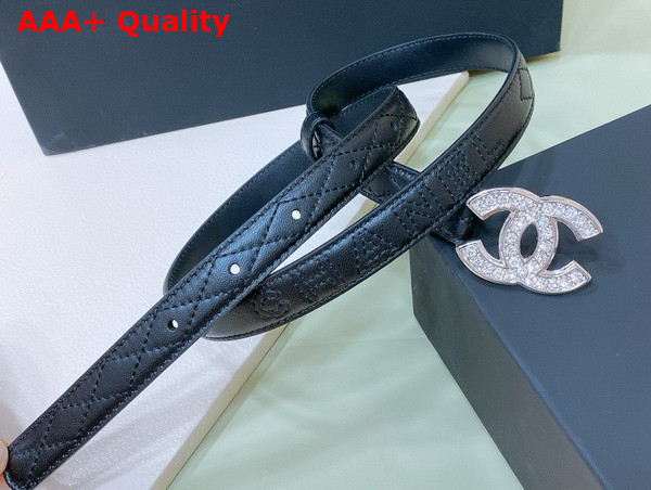 Chanel Thin Belt in Black Quilted and Embroidered Lambskin Silver CC Belt Buckle and Strass Replica