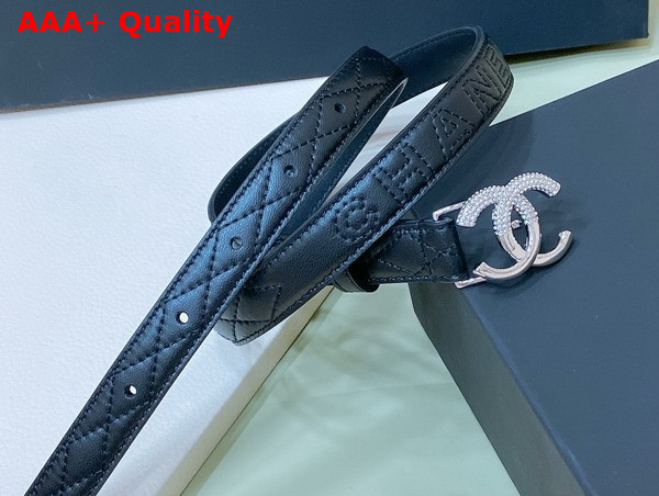 Chanel Thin Belt in Black Quilted and Leather with Silver CC Belt Buckle and Strass Replica