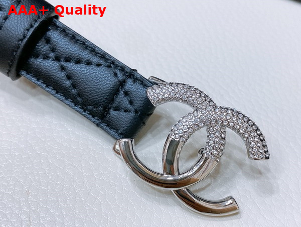 Chanel Thin Belt in Black Quilted and Leather with Silver CC Belt Buckle and Strass Replica