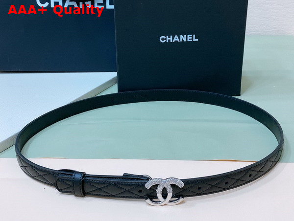 Chanel Thin Belt in Black Quilted and Leather with Silver CC Belt Buckle and Strass Replica