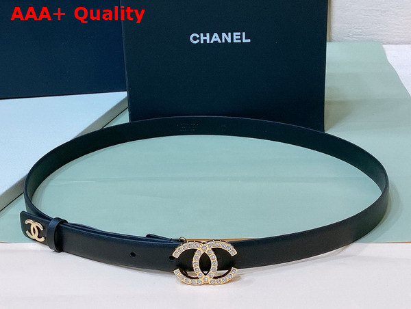 Chanel Thin Belt in Black Smooth Leather with Gold CC Belt Buckle and Crystals Replica