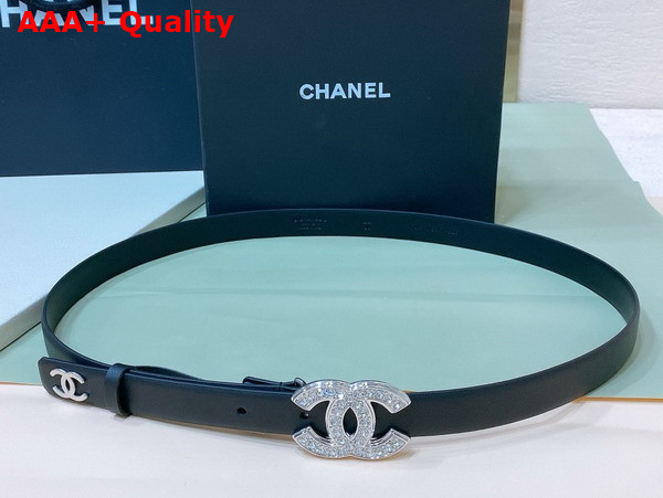 Chanel Thin Belt in Black Smooth Leather with Silver CC Buckle and Strass Replica