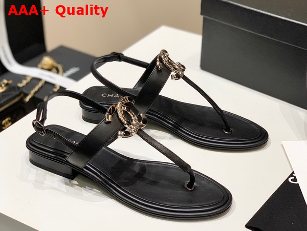 Chanel Thong Sandal in Black Calfskin with Metal CC Replica