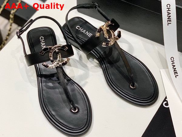 Chanel Thong Sandal in Black Calfskin with Metal CC Replica