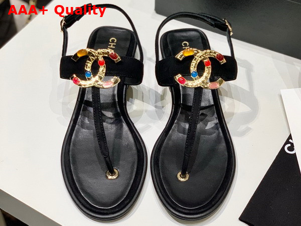 Chanel Thong Sandal in Black Calfskin with Multicolor Metal CC Replica