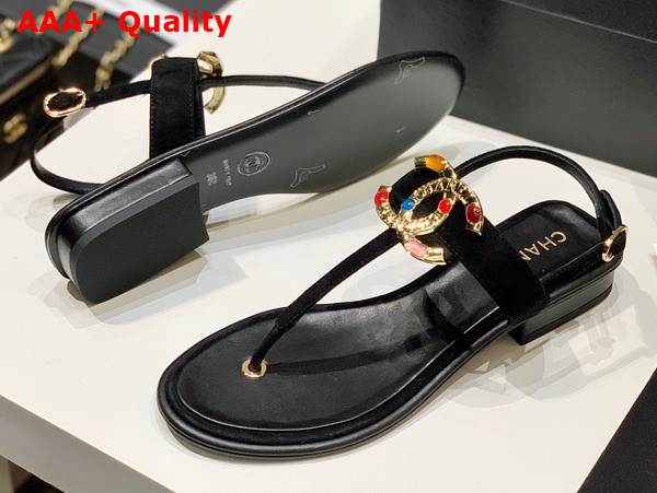 Chanel Thong Sandal in Black Calfskin with Multicolor Metal CC Replica