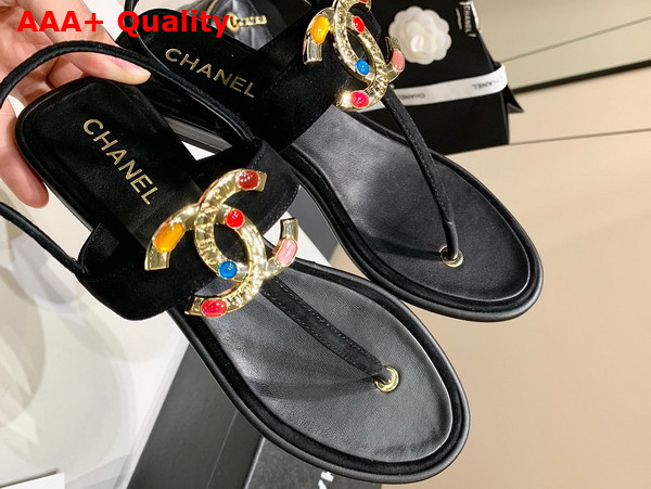 Chanel Thong Sandal in Black Calfskin with Multicolor Metal CC Replica