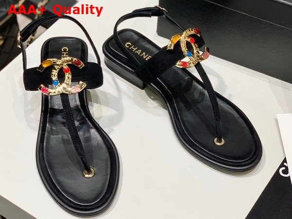 Chanel Thong Sandal in Black Calfskin with Multicolor Metal CC Replica