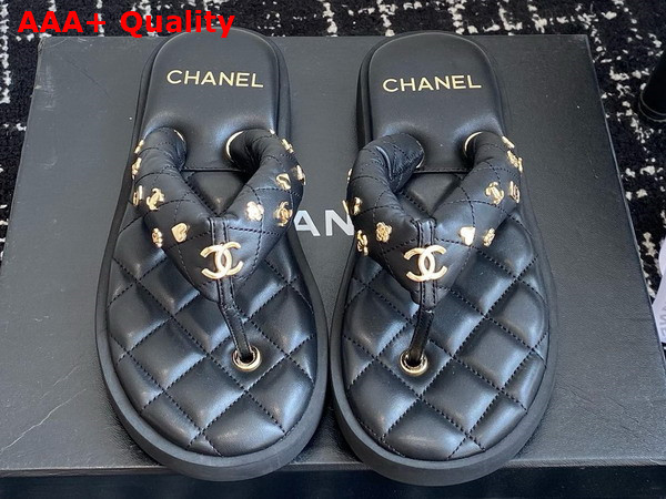 Chanel Thong Sandal in Black Lambskin Embellished with Gold Chanel Metal Flowers Replica