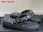 Chanel Thong Sandal in Black Lambskin Embellished with Gold Chanel Metal Flowers Replica