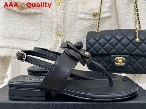 Chanel Thong Sandal in Black Lambskin Leather with Leather Camellia Replica