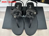 Chanel Thong Sandal in Black Lambskin Leather with Leather Camellia Replica