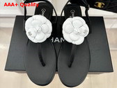 Chanel Thong Sandal in Black Lambskin Leather with White Leather Camellia Replica