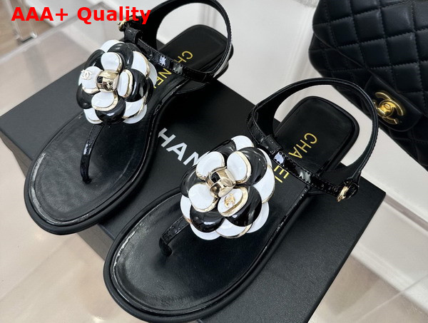 Chanel Thong Sandal in Black Patent Leather with Leather Camellia Replica