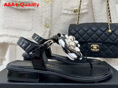 Chanel Thong Sandal in Black Patent Leather with Leather Camellia Replica