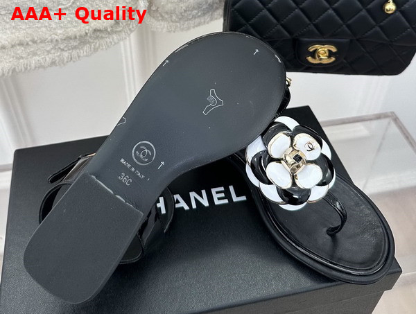 Chanel Thong Sandal in Black Patent Leather with Leather Camellia Replica