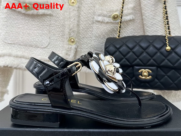 Chanel Thong Sandal in Black Patent Leather with Leather Camellia Replica