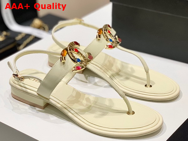 Chanel Thong Sandal in White Calfskin with Multicolor Metal CC Replica