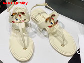 Chanel Thong Sandal in White Calfskin with Multicolor Metal CC Replica