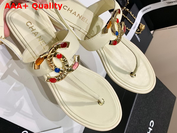 Chanel Thong Sandal in White Calfskin with Multicolor Metal CC Replica