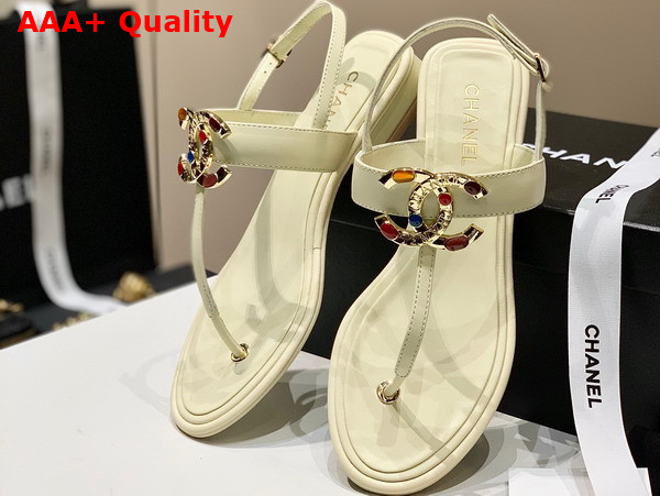 Chanel Thong Sandal in White Calfskin with Multicolor Metal CC Replica